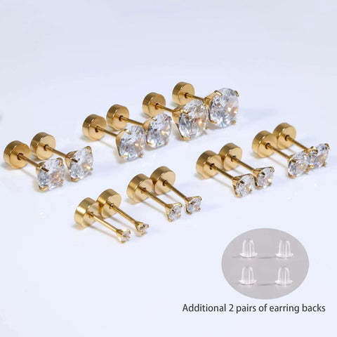 Gold Titanium Earrings Screw Back Earrings for Women Toddler with Cubic Zirconia Studs and additional earring backs, set of 7 pairs.