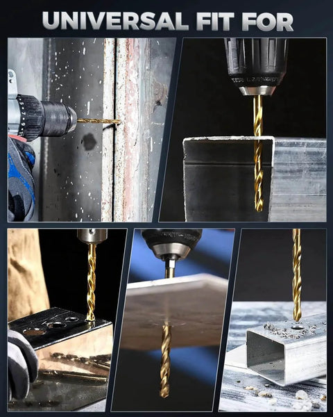 Collage showing Sixteen Piece Titanium Coated HSS Drill Bit Set With Hex Shank For Wood Plastic Aluminum Sixteenth To Quarter Inch in use