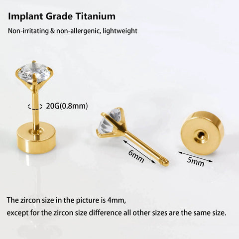 ✝️ Titanium Earrings Screw Back Earrings for Women Toddler, Hypoallergenic Flat Back Stud Earrings Cubic Zirconia Studs, gold, side views
