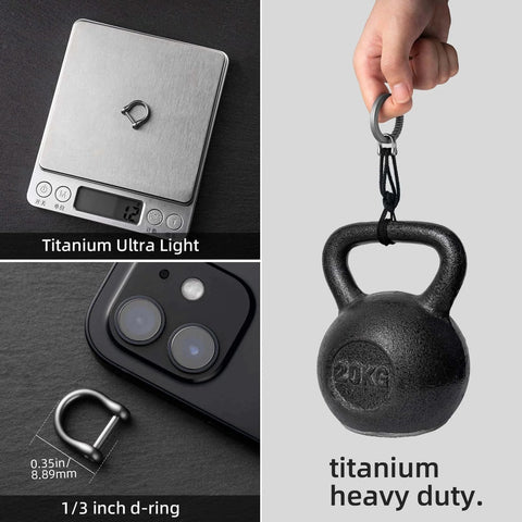 FEGVE Small Titanium Key Ring with Screw Shackle displayed next to camera, scale, and weight for size comparison, heavy duty.