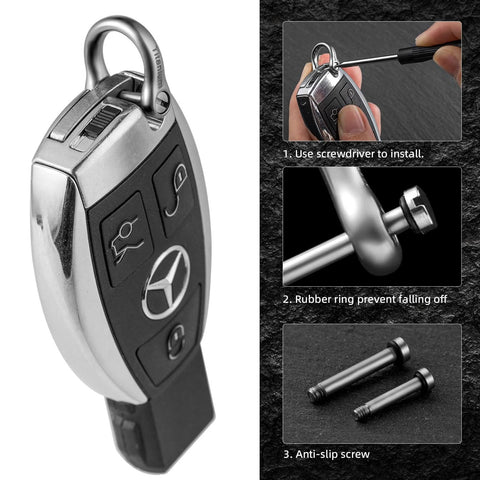 FEGVE Small Titanium Key Ring with Screw Shackle attached to car fob, showing installation steps and anti-slip screws.