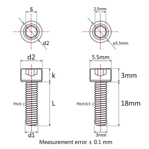 Diagram of Wanyifa Titanium Ti M3 x 6 8 10 12 15 18mm DIN912 Hexagon Square Head Bolt Screws with measurements.