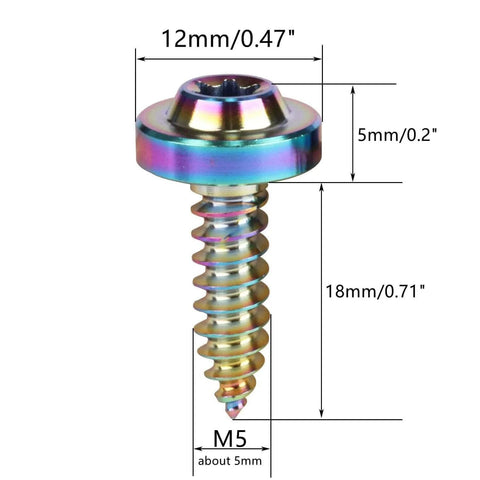 ✝️ UHDFBDHF 4Pcs Titanium M5 18mm Self Tapping Screw T25 Torx Head Motorcycle Bolt (Ranibow) close-up with dimensions