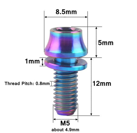 Dimensions of a colorful titanium M5x12mm bolt with washer for bicycle water bottle cage.