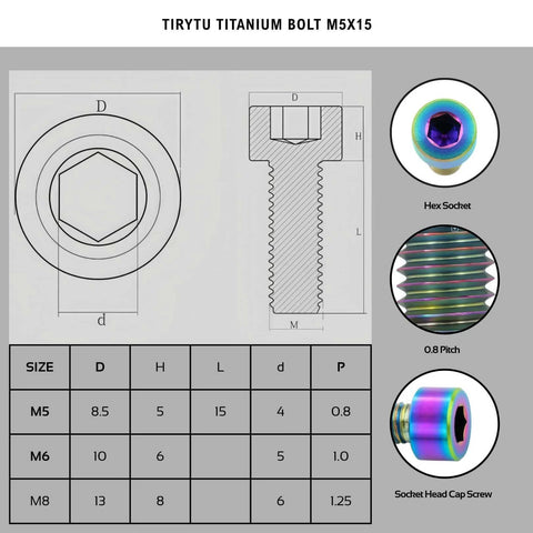 Technical diagram and features of 6 pcs titanium M5x15 hex socket bolts for bike motorcycle marine use