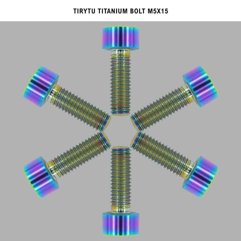 6 pcs titanium M5x15 hex socket bolts for bike motorcycle marine use, rainbow finish, displayed in a star pattern