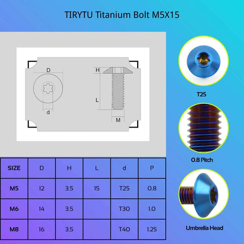 Diagram of 6 pcs titanium M5x15 umbrella head Torx bolts for bike motorcycle marine use with specifications table