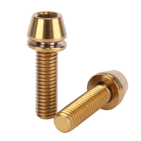 6 pcs titanium M5 x 18mm tapered head hex bolts with washers for bicycle stem, showcasing close-up of bolts and washers in gold tone.