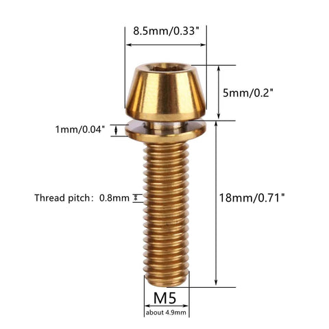 6 pcs titanium M5 x 18mm tapered head hex bolts with washers for bicycle stem, detailed dimensions shown