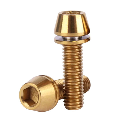 6 pcs titanium M5 x 18mm tapered head hex bolts with washers for bicycle stem, close-up view