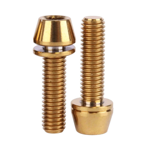 6 pcs titanium M5 x 18mm tapered head hex bolts with washers for bicycle stem shown in close-up