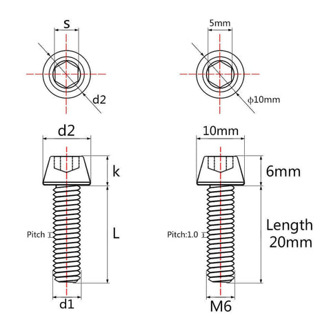 Technical diagram of Wanyifa Titanium Ti M6 x 20mm Allen Hex Screw Socket Cap Tapered Bolt pack of 4, showing measurements and specifications.