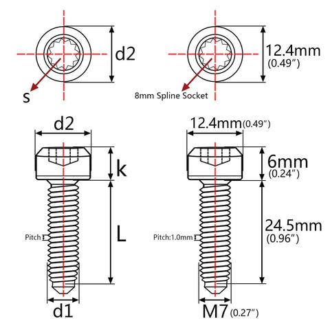 Diagram of Titanium M7 24.5mm Pitch 1.0 Bolt Spline Socket Forged Head Split Rim Wheels Screws Pack of 4 (Burnt Blue).