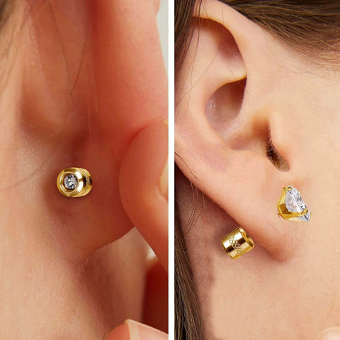 ✝️ Titanium Screw Earring Backs with Clear CZ in use, featuring gold tone hypoallergenic stopper, stainless steel backings replacement.