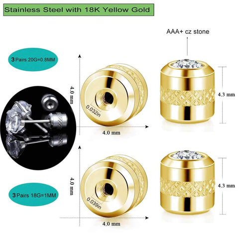 ✝️ Titanium Screw Earring Backs with Clear CZ, Gold Tone, Stainless Steel, 3 Pairs 20G/0.8mm and 3 Pairs 18G/1mm