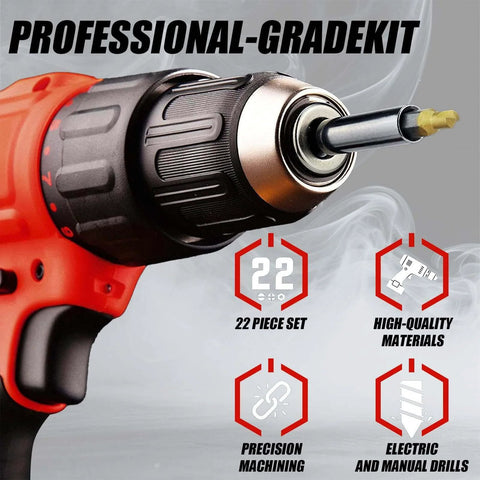 Close-up of drill with Titanium Damaged Screw Extractor Set: 22 PCS Easy Out Screw Extractor Kit with Magnetic Extension Bit Holder & Socket Adapter for Stripped Screws/Bolts/Nuts, Father’s Day Gift.