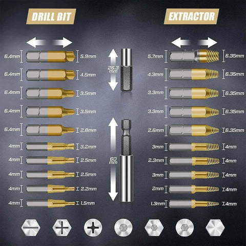 Diagram showing components of the Titanium Damaged Screw Extractor Set: 22 PCS Easy Out Screw Extractor Kit with Drill Bit sizes.