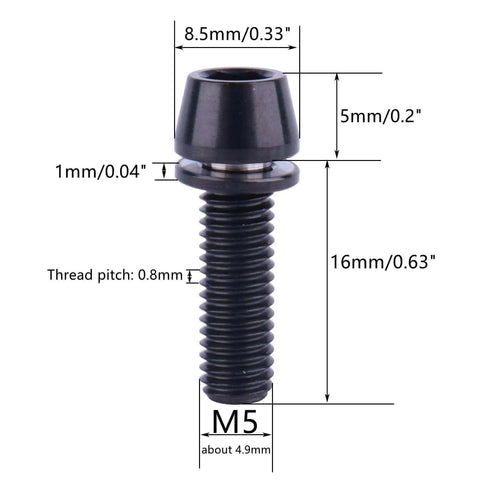 Diagram of ✝️ UHDFBDHF 6PCS Titanium Screw Internal Hex M5x16mm Tapered Head Bolt with dimensions and black finish, shown uninstalled