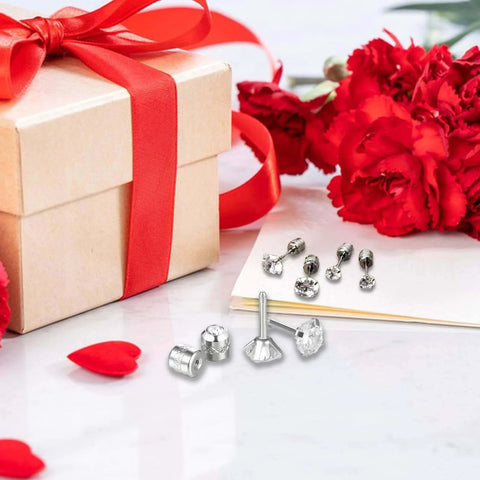 Titanium Surgical Stainless Steel Cubic Zirconia Screw Back Stud Earrings, Hypoallergenic Dainty Screw Flat Back CZ Studs shown next to a gift box with red flowers