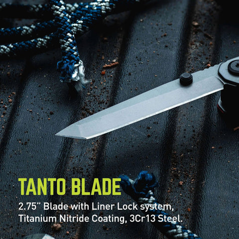 TRUE Titanium Block Multitool Tanto Blade on metal surface with rope