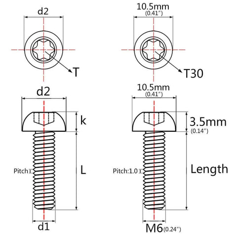 Technical diagram of Wanyifa Titanium Button Head Torx M6 screw dimensions, showing measurements and design details.