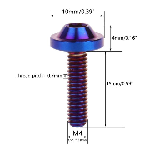 ✝️ UHDFBDHF 4Pcs Titanium Bolt M4x10 15 20mm Button Torx Head Screw for Bicycle Motorcycle (Burnt Blue, M4x15mm), dimensions labeled