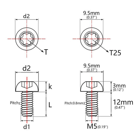 Technical diagram of ✝️ Wanyifa 4Pcs Titanium M5 x 12mm Holder Torx Head Bolt Screw for Bicycle Water Bottle Cage dimensions and specifications