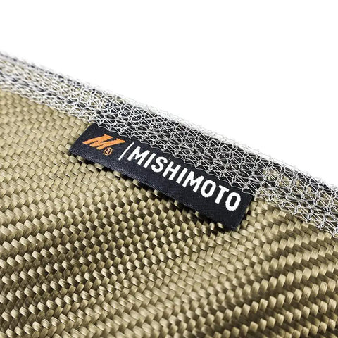 Close-up of Mishimoto label on Titanium Turbo Blanket For Ford 6.0L Powerstroke 2003 To 2007 Direct Fit Insulation