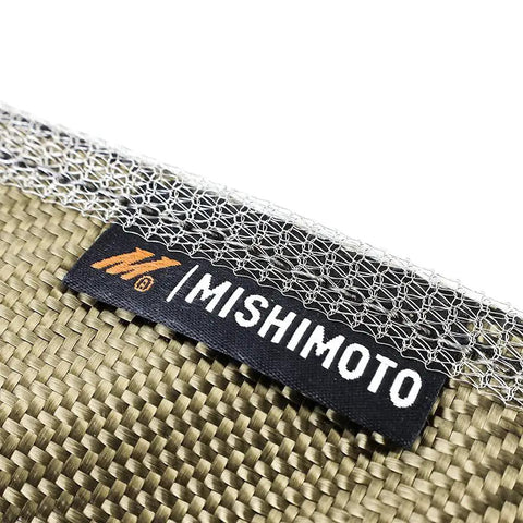 Close-up of Titanium Turbo Blanket For Dodge Ram 5.9L Cummins 1996 2002 Direct Fit with Mishimoto logo and stainless steel mesh