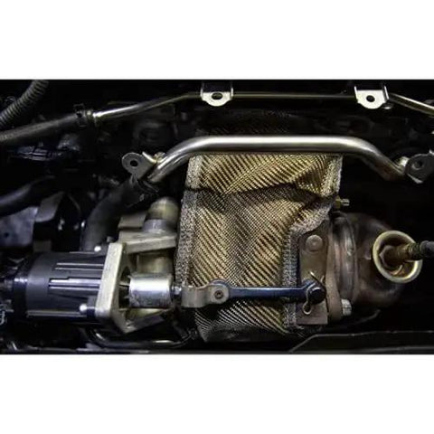 Installed titanium turbo blanket for Honda Civic Type R 2017+, direct fit FK2 FK8, insulates turbo hot side, 2300°F rating