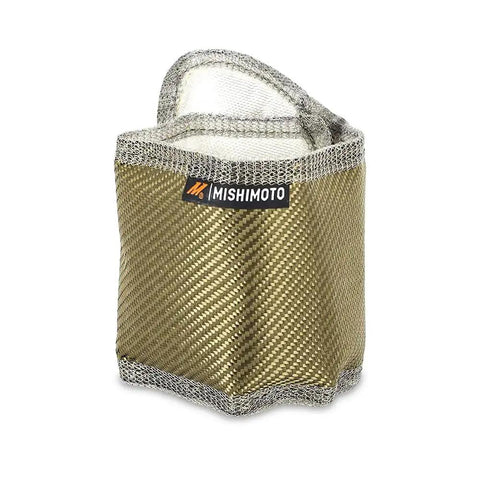 Titanium Turbo Blanket For Subaru WRX 2001 2014 And STI 2004 2017 Insulates Turbo Hot Side, gold heat shield, front view.