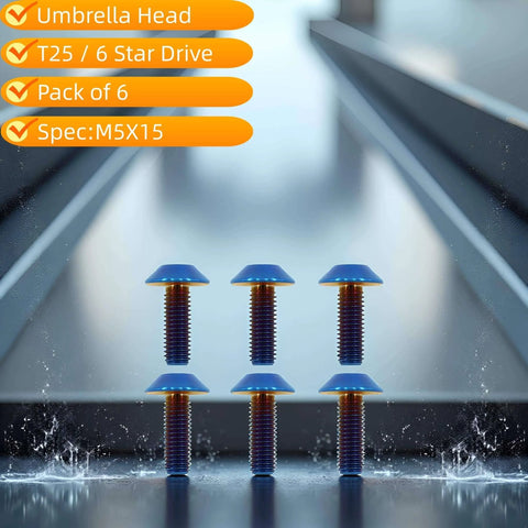 6 pcs titanium M5x15 umbrella head Torx bolts for bike motorcycle marine use displayed in a pack of six with star drive heads.