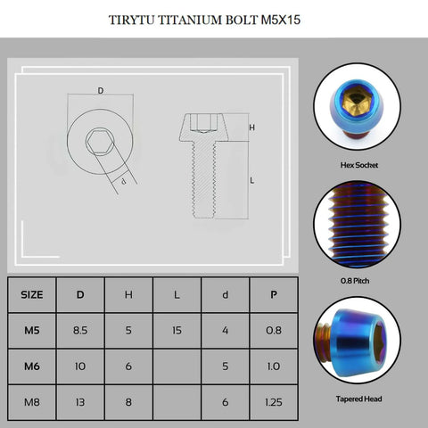 Diagram and close-up views of ✝️ TIRYTU Titanium Bolts M5x15, showing hex socket, tapered head, and measurements for corrosion resistance.