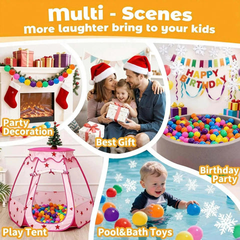 Multi-scene uses of ball pit balls for toddlers including party decoration, birthday party, play tent, and pool toys.
