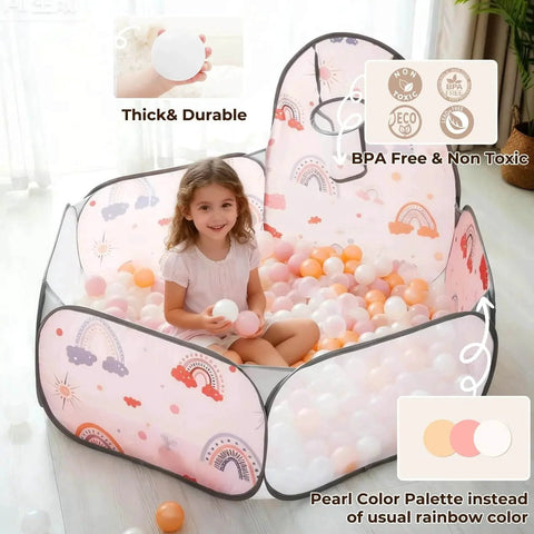 Child playing in ball pool with Plastic Balls for Ball Pits - Pack of 100 Hollow Balls- Safe and Exciting Playtime, Pink, Gold, Pearl White