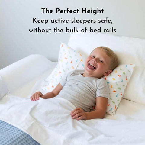 Child lying in bed with Soft Foam Toddler Bed Bumper Guard With Non Slip Cover Safe Sleep Bed Rail Alternative