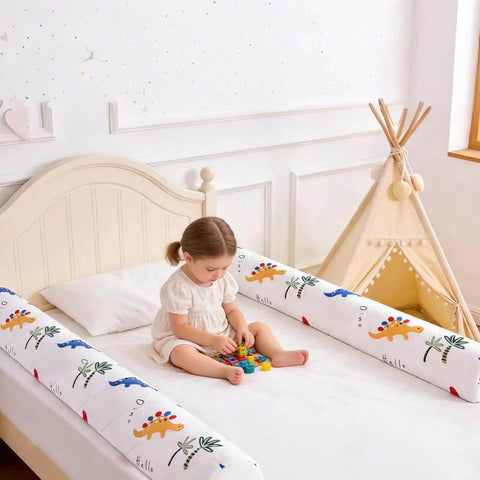 Toddler playing on bed with 2 Pack Premium Foam Toddler Bed Bumpers With Non Slip Rails For Twin Queen And King Beds Cozy Odor Free Comfort