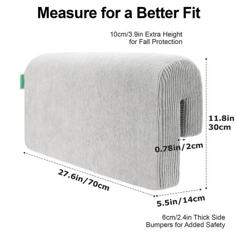 Toddler Bed Rail Bumper Protector With Premium Memory Foam, 27.6 Inch Guard Rail dimensions shown with soft gray cover.