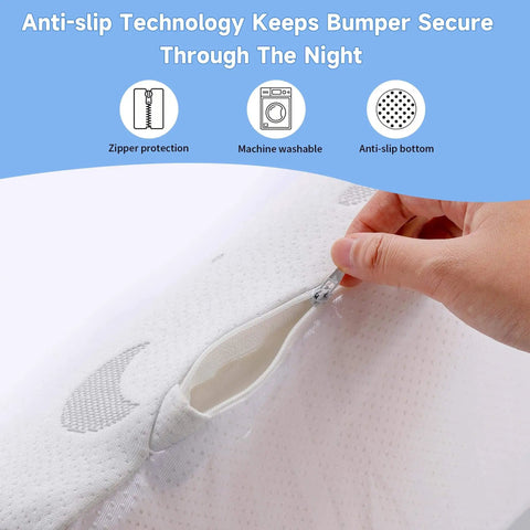 Close-up of zipper on 52 Inch Toddler Bed Rail Bumper with anti-slip, machine washable cover, showcasing easy zip removal feature.