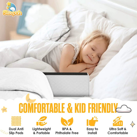 Child sleeping with Two Pack Memory Foam Toddler Bed Rail Bumpers With Dual Non Slip Pads Top And Bottom Waterproof Washable Cover