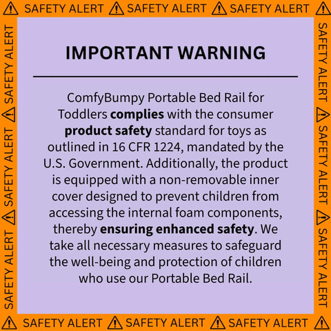 Safety warning text for ComfyBumpy Portable Bed Rail for Toddlers with compliance and enhanced safety details.