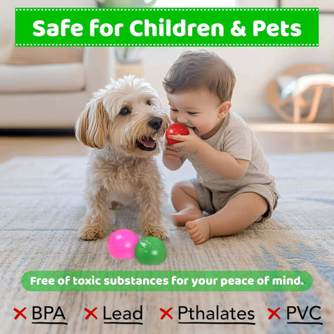 Toddler playing with dog using 200 Ball Pit Balls for Toddlers with Storage Bag - 7 Bright Colors in living room