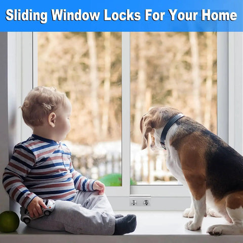 Child and dog by window with Two Pack Sliding Window Locks With Keyed Security For Up And Down And Horizontal Sliding Windows