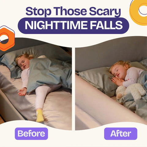 52 Inch By 5 Inch Foam Bed Rail For Toddlers With Non Slip Stability And Convex Design For Safer Sleep Keeps Your Lil One Cozy And Secure Fits Twin Full Queen King Mattress Sizes And Easier Bed Time with a child sleeping safely.
