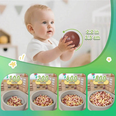 Baby holding plastic ball with size overlay; various ball count options for toddler pools and parties.