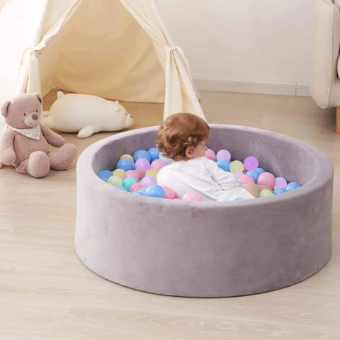 Baby in gray ball pit with 200 Count Plastic Soft Plastic Ball Pits Balls Colorful Play Pits Balls for Pet Dogs Ball Pits 2.2" Large