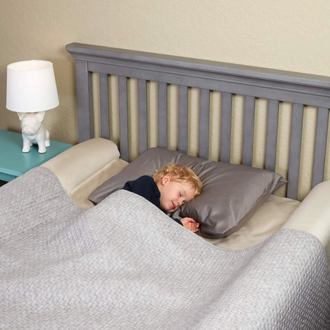 2 Pack Inflatable Bed Rail For Toddlers on queen bed with toddler sleeping, showing portable blow up bed bumper with cover