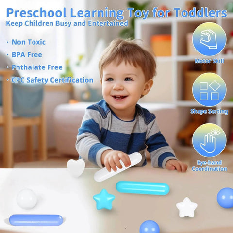 Smiling toddler playing with non-toxic, BPA-free, phthalate-free toys for motor skill development, shape sorting, and eye-hand coordination.