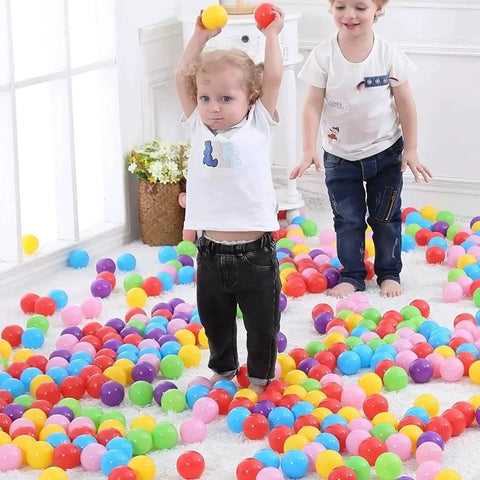 Kids playing with 500 Count Plastic Soft Plastic Ball Pits Balls Colorful Play Pits Balls for Pet Dogs Ball Pits 2.2" Phthalate Free Balls