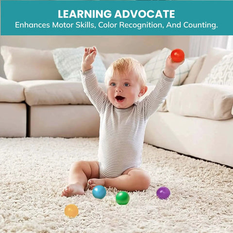 Set of 6 Replacement Balls Compatible with VTech Pop-a-Balls shown with happy toddler playing on carpet with colorful balls